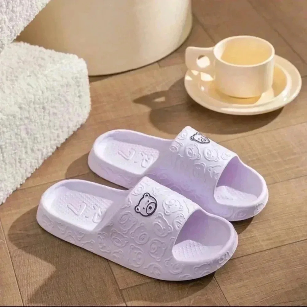 Purple comfy cushion slippers bear print women's slip-ons plush cute girls
